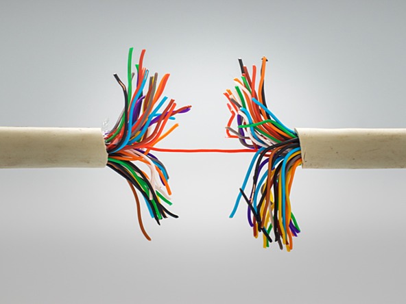 cable showing broken wires, connected by just one wire suggesting a loose connection